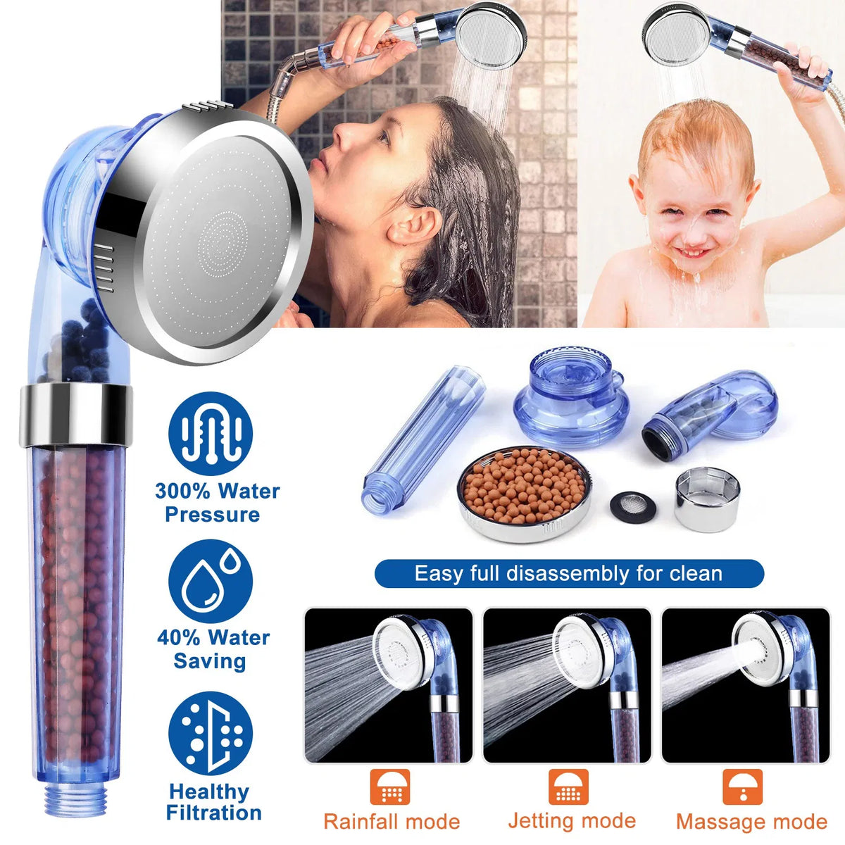 Ionic Filtration Shower Head High Pressure 3 Mode Stone Water Saving Bath - photo 10