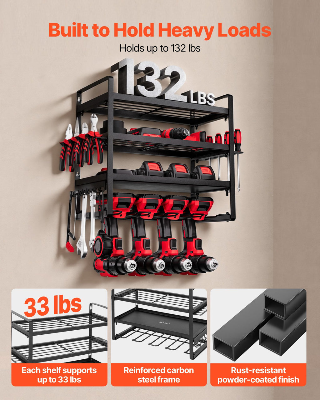 Power Tool Organizer Wall Mount, 4-Layer Storage Rack With 4 Drill Holders - photo 3
