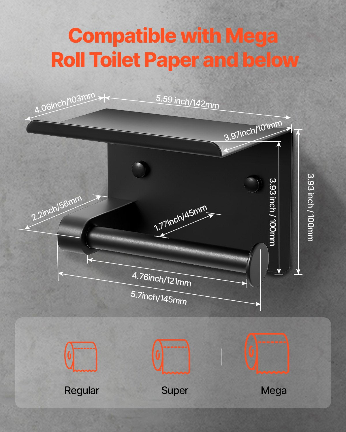 Wall-Mounted Toilet Paper Holder with Shelf, Matte Black
