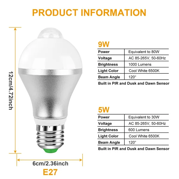 Motion Sensor LED Bulb — Dusk-to-Dawn, 9W E27, 6500K - photo 1