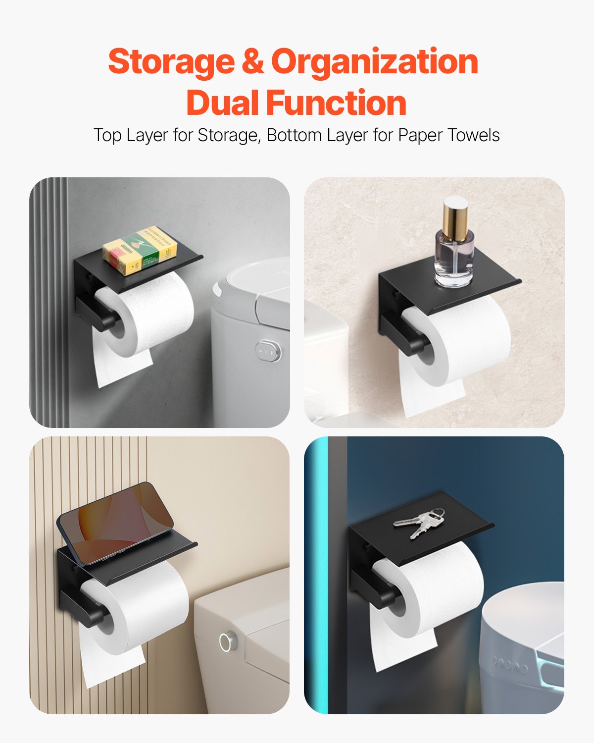 Wall-Mounted Toilet Paper Holder with Shelf, Matte Black