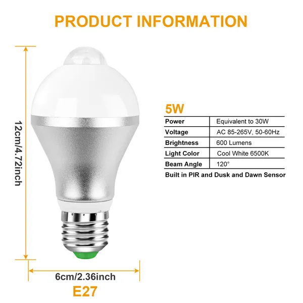 Motion Sensor LED Bulb — Dusk-to-Dawn, 9W E27, 6500K - photo 3
