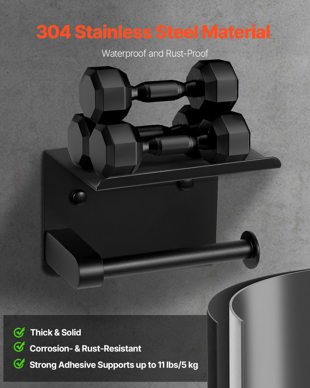 Wall-Mounted Toilet Paper Holder with Shelf, Matte Black