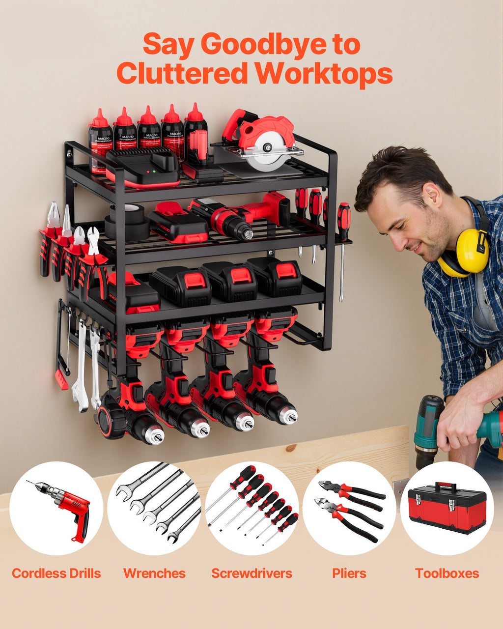 Power Tool Organizer Wall Mount, 4-Layer Storage Rack With 4 Drill Holders - photo 5