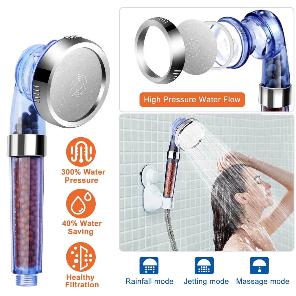 Ionic Filtration Shower Head High Pressure 3 Mode Stone Water Saving Bath