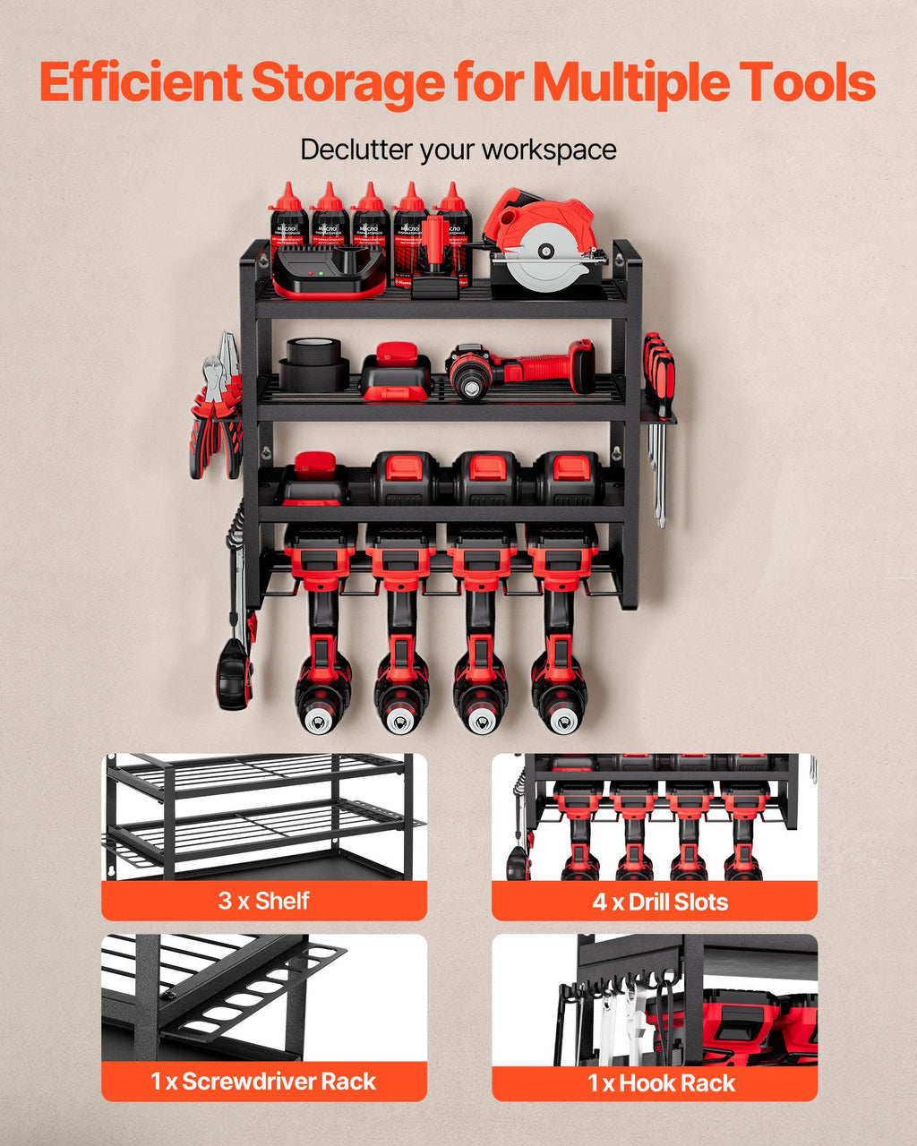 Power Tool Organizer Wall Mount, 4-Layer Storage Rack With 4 Drill Holders - photo 2