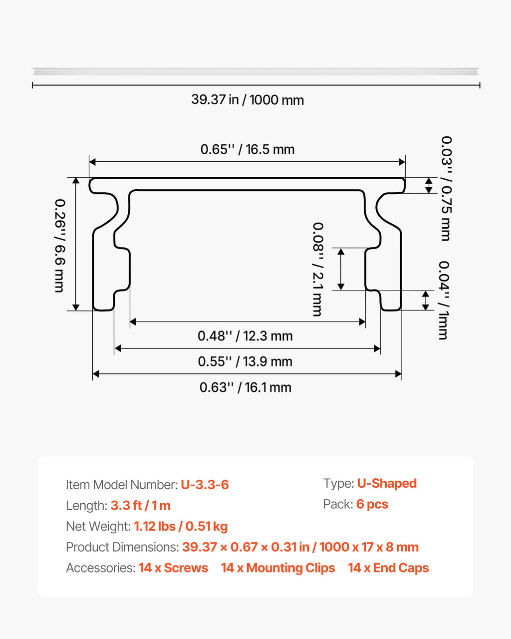 6-Pack 3.3 Ft/1M U Shape LED Aluminum Channel, With Milky Cover, End Caps And
