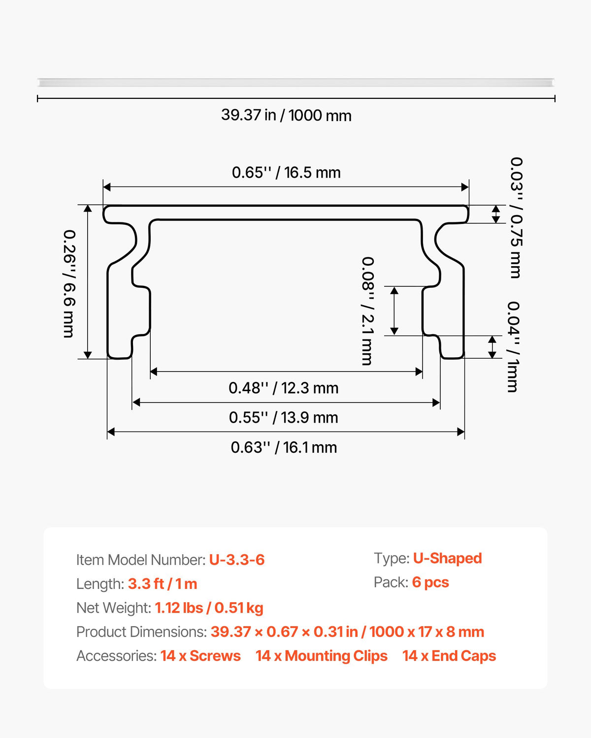 6-Pack 3.3 Ft/1M U Shape LED Aluminum Channel, With Milky Cover, End Caps And
